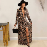 Fashion painted V-neck long-sleeved split long skirt lace dress women X5509