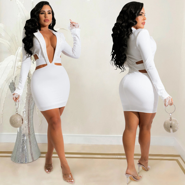 Fashion sexy nightclub hot drilling V-neck lapel hollow long-sleeved short skirt dress X5510