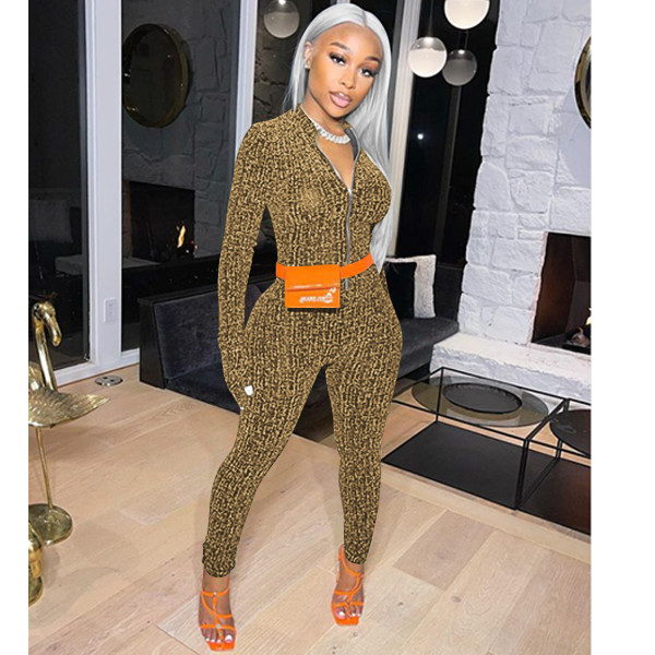 Fashion solid color V-neck zipper long-sleeved trousers jumpsuit women without belt C5502