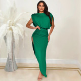 Fashion solid color women's round neck sleeveless folds irregular slit long skirt dress X5527