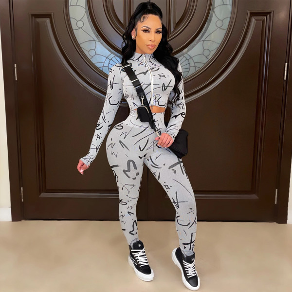 Fashion digital printing zipper long-sleeved trousers two-piece suit C5397
