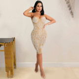 Fashion sexy women's hot drilling nightclub net yarn see-through suspender dress X5380