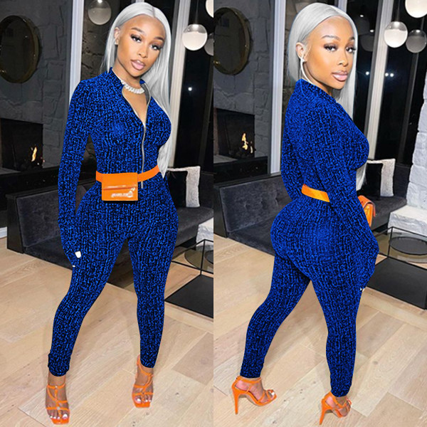 Fashion solid color V-neck zipper long-sleeved trousers jumpsuit women without belt C5502