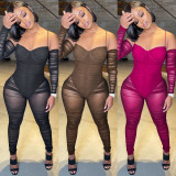 Pure color fashion women's sexy sling wrinkle perspective trousers jumpsuit C5389