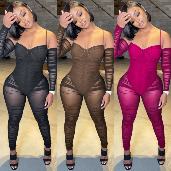 Pure color fashion women's sexy sling wrinkle perspective trousers jumpsuit C5389