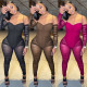 Pure color fashion women's sexy sling wrinkle perspective trousers jumpsuit C5389