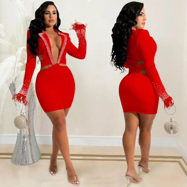 Fashion sexy nightclub hot drilling V-neck lapel hollow long-sleeved short skirt dress X5510