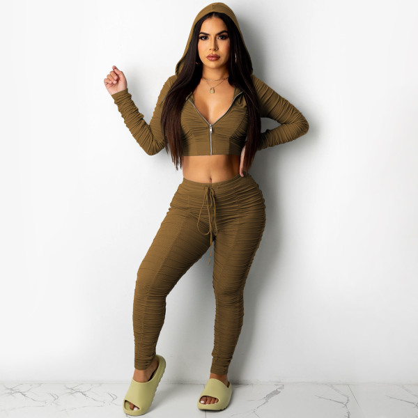 Fashion casual women's zipper long-sleeved tie trousers pleated two-piece suit C5358