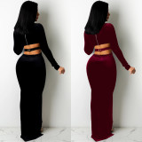 Sexy Solid Color Women's Long Sleeve Hollow Buttoned Split Long Skirt Dress C5375