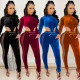 Fashion solid color women's long-sleeved zipper hollow trousers see-through jumpsuit C5392