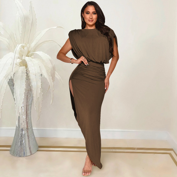 Fashion solid color women's round neck sleeveless folds irregular slit long skirt dress X5527