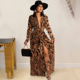 Fashion painted V-neck long-sleeved split long skirt lace dress women X5509