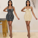Sexy women's nightclub hot rhinestone see-through dress mid-skirt women X5512
