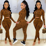 Fashion digital printing zipper long-sleeved trousers two-piece suit C5397