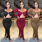 Pure color fashion women's long-sleeved zipper pleated long skirt dress C5377