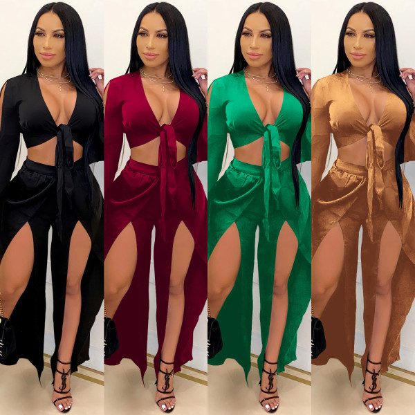 Pure color fashion women's lace-up hollow long-sleeved split long skirt two-piece suit X5360