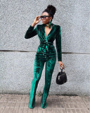 Women's solid color slim Korean velvet suit flared pants suit TS1182