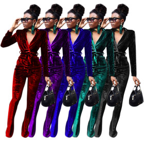 Women's solid color slim Korean velvet suit flared pants suit TS1182