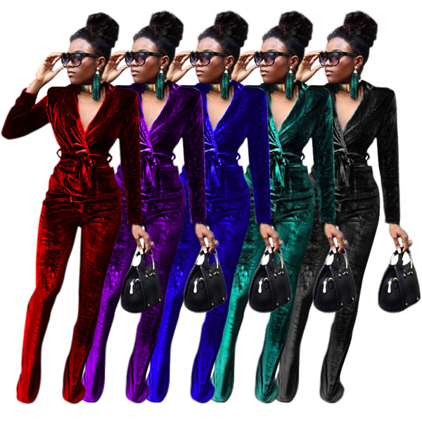 Women's solid color slim Korean velvet suit flared pants suit TS1182