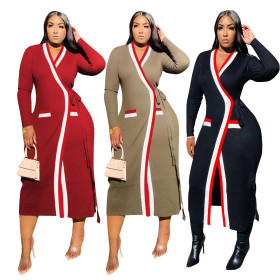 New women's casual ribbed webbing stitching long-sleeved long coat TS1083