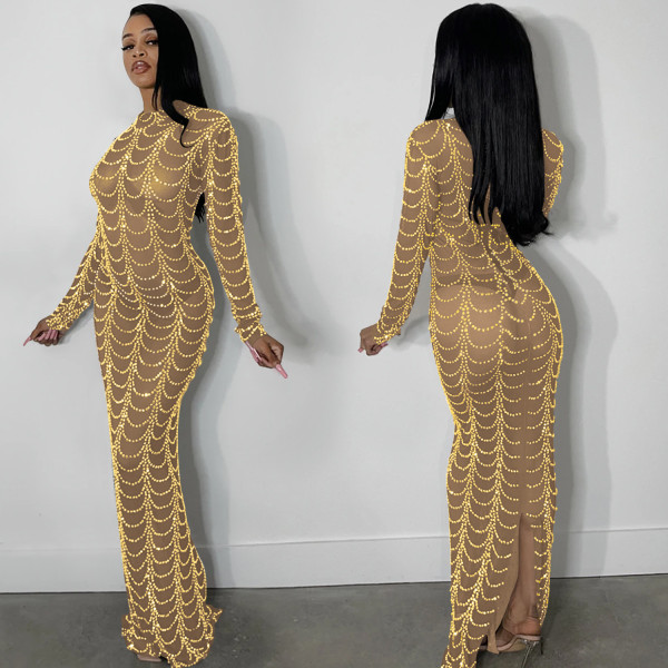 Fashion new sexy nightclub hot drilling mesh see-through long-sleeved dress X5351