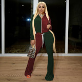 Women's Korean Fleece Contrasting Color Long Sleeve Jacket Slim Flared Pants Set TS1178