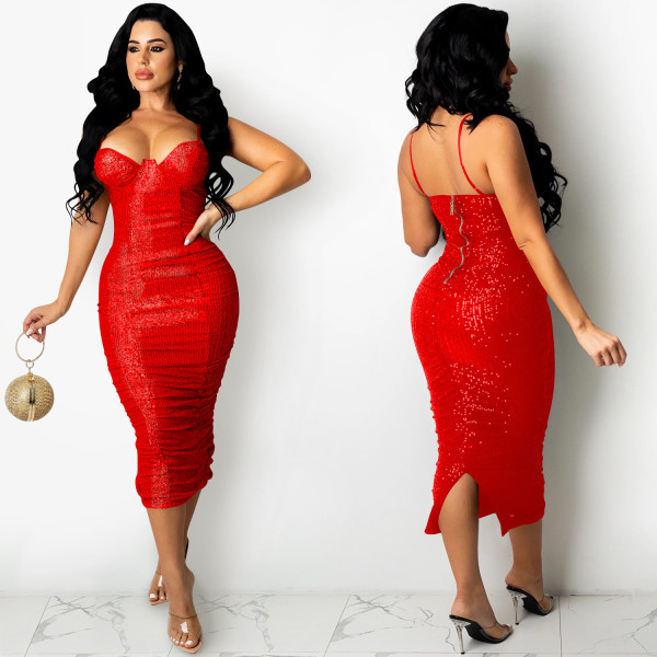 Fashion European and American nightclub sequin sexy sling split long skirt dress women X5387