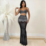 Two-piece mesh see-through camisole long dress X5370