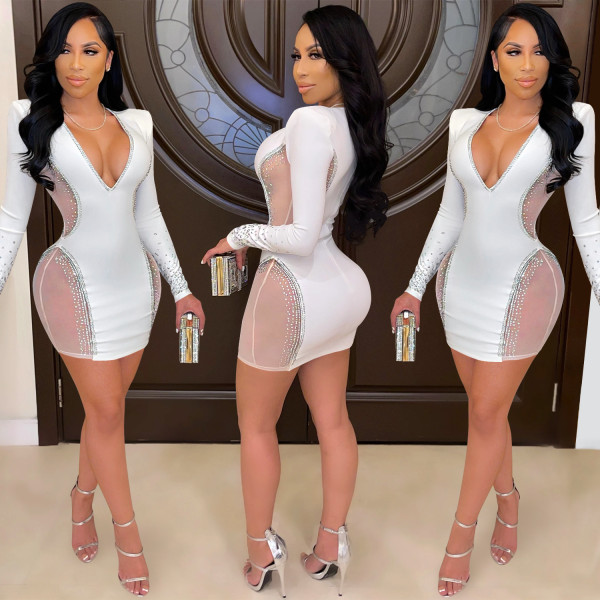 Sexy deep V nightclub party dress hot diamond perspective skirt X5337
