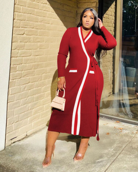New women's casual ribbed webbing stitching long-sleeved long coat TS1083