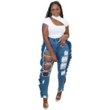 Women's temperament commuter personality trousers with fringed wood ears ripped blue jeans Y462