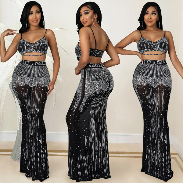 Two-piece mesh see-through camisole long dress X5370