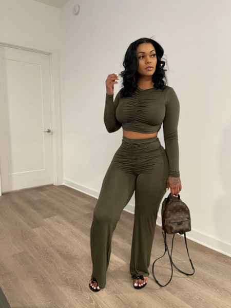 Women's solid color casual pleated long-sleeved T-shirt wide-leg pants suit TS1149
