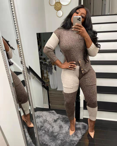 New women's casual contrast color sweater suit TS1189