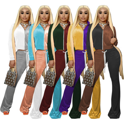 Women's Korean Fleece Contrasting Color Long Sleeve Jacket Slim Flared Pants Set TS1178