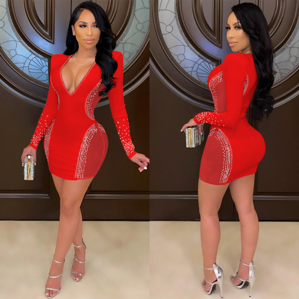 Sexy deep V nightclub party dress hot diamond perspective skirt X5337