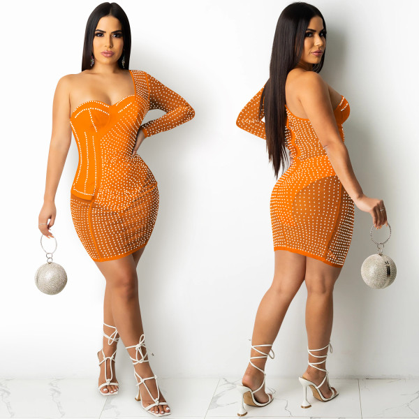 New product nightclub sexy solid color women's hot drilling mesh see-through one-shoulder skirt dress X5335
