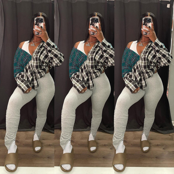 Women's fashion casual stitching plaid shirt long-sleeved jacket GH 071