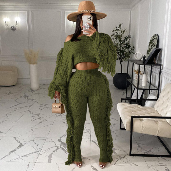 New women's casual solid color knitted long-sleeved tassel suit TS1186