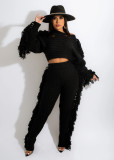 New women's casual solid color knitted long-sleeved tassel suit TS1186
