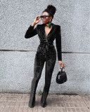 Women's solid color slim Korean velvet suit flared pants suit TS1182
