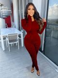 New women's solid color pleated casual suit TS1183