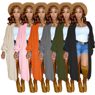 New women's solid color casual sweater cardigan long coat TS1185