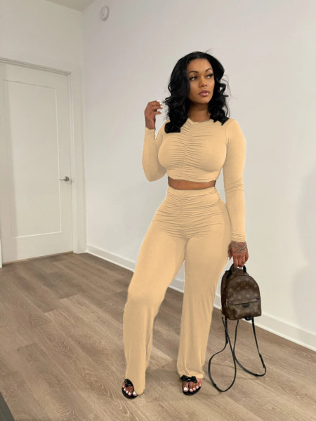 Women's solid color casual pleated long-sleeved T-shirt wide-leg pants suit TS1149