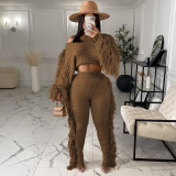 New women's casual solid color knitted long-sleeved tassel suit TS1186