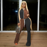 Women's Korean Fleece Contrasting Color Long Sleeve Jacket Slim Flared Pants Set TS1178