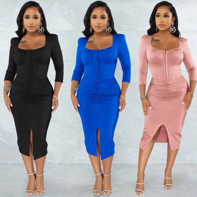 Fashion solid color women's mid-sleeve zipper pleated mid-skirt dress X5352