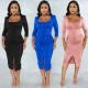 Fashion solid color women's mid-sleeve zipper pleated mid-skirt dress X5352