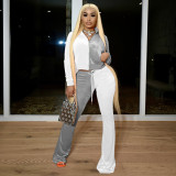 Women's Korean Fleece Contrasting Color Long Sleeve Jacket Slim Flared Pants Set TS1178