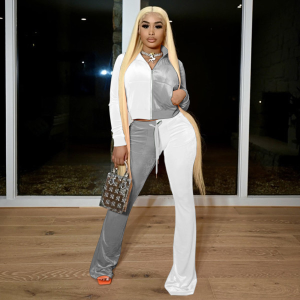 Women's Korean Fleece Contrasting Color Long Sleeve Jacket Slim Flared Pants Set TS1178